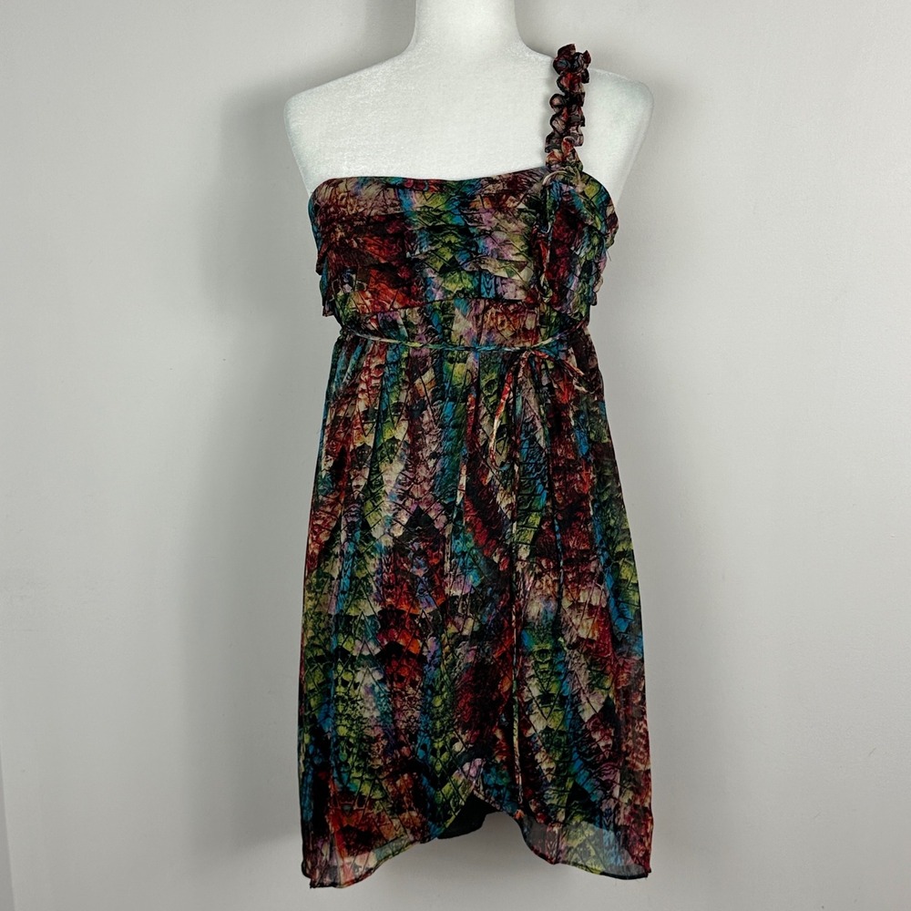Vintage City Triangles One Shoulder Y2K Dress Babydoll Womens Size 6 Mini Print